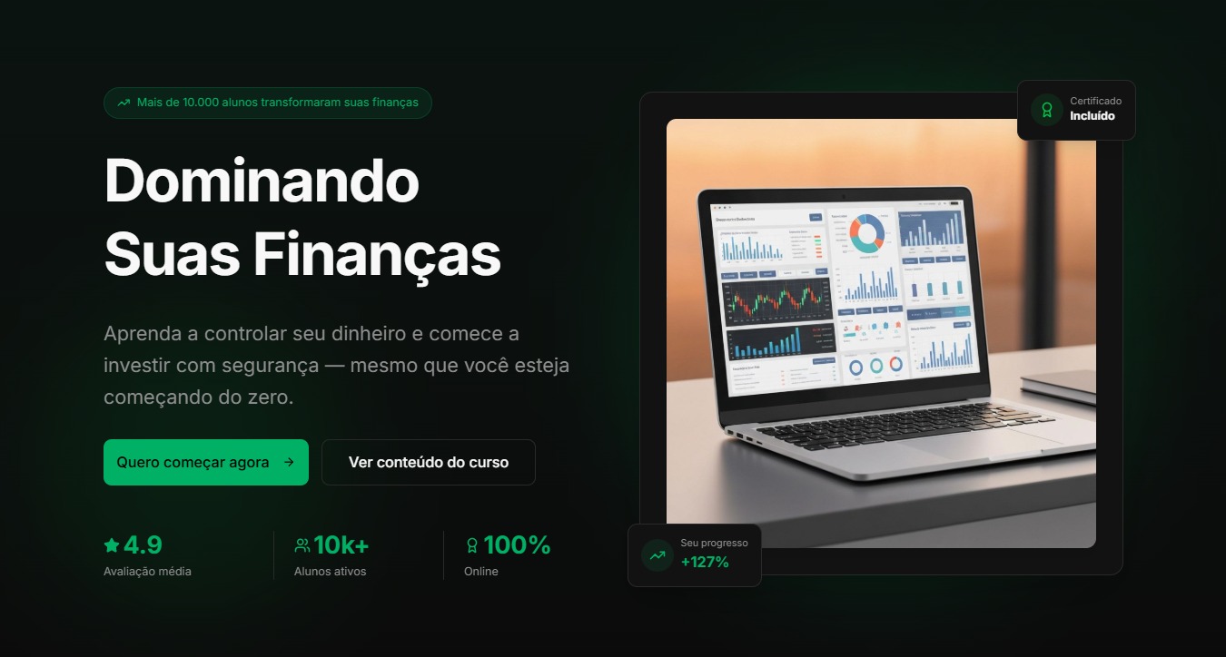 Landing Page Responsiva para curso de finanças com design escuro e elementos em verde